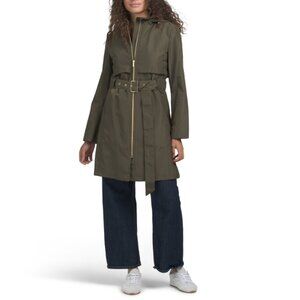 COLE HAAN Olive Belted Travel Packable Hooded Raincoat